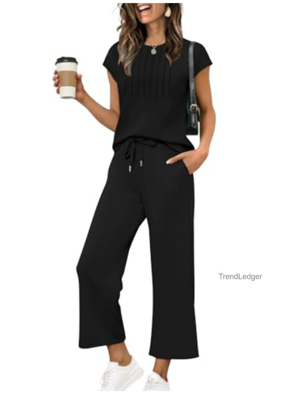 Women's 2 Piece Lounge Set Cap Sleeve Top & Cropped Wide Leg Pants Summer